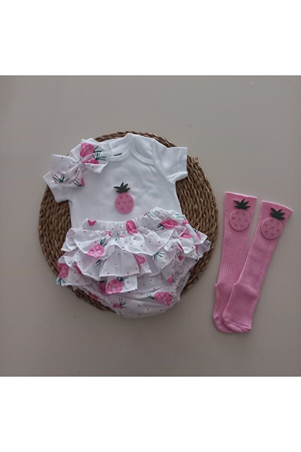 MARS BABY Kız Bebek Ananas Fırfır Şort Etek Bodyli Çorap Takımı
