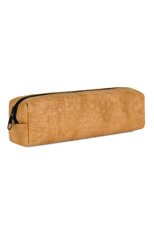 Gözde Proje-Artificial Leather Yellow Embossed Patterned Pencil Case 1