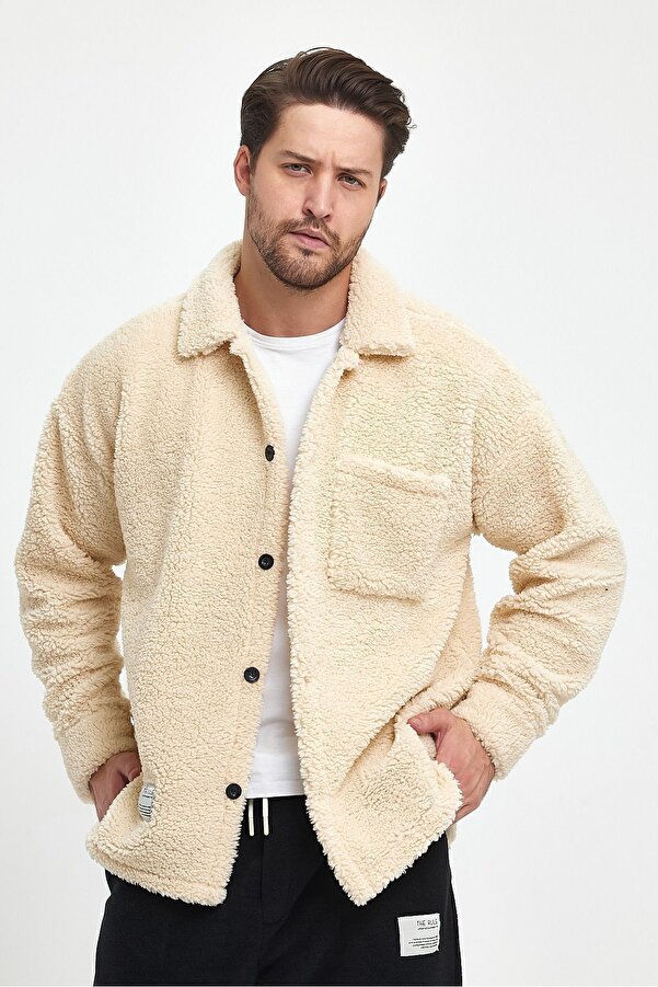 Erkek Bej Peluş Oversize Fit Gömlek Yaka Kışlık Rahat Tek Cepli Ceket