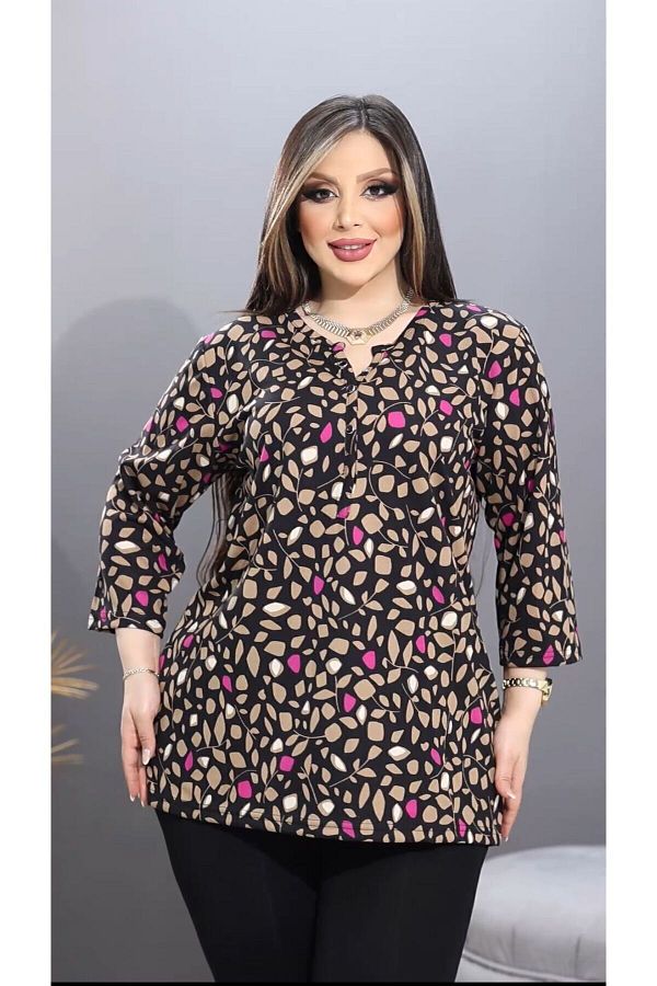 HULYALI BUT K Plus Size Brown Patterned Women s High Collar Blouse Trendyol