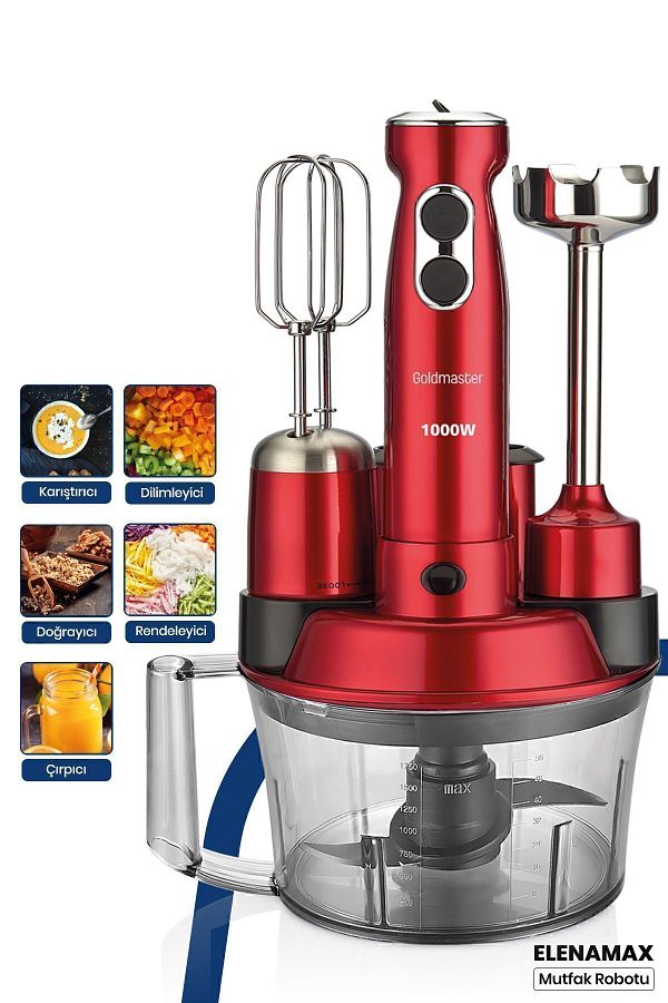 GOLDMASTER-Elenamax Red 1000 Watt Speed Adjustable 100% Copper Motor 5 In 1 Food Processor Multi Blender Set 1