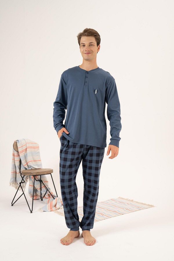 Estiva-Men's Winter Indigo Pajama Set - Button Collar, Checkered Bottom, Super Soft Interlock 1