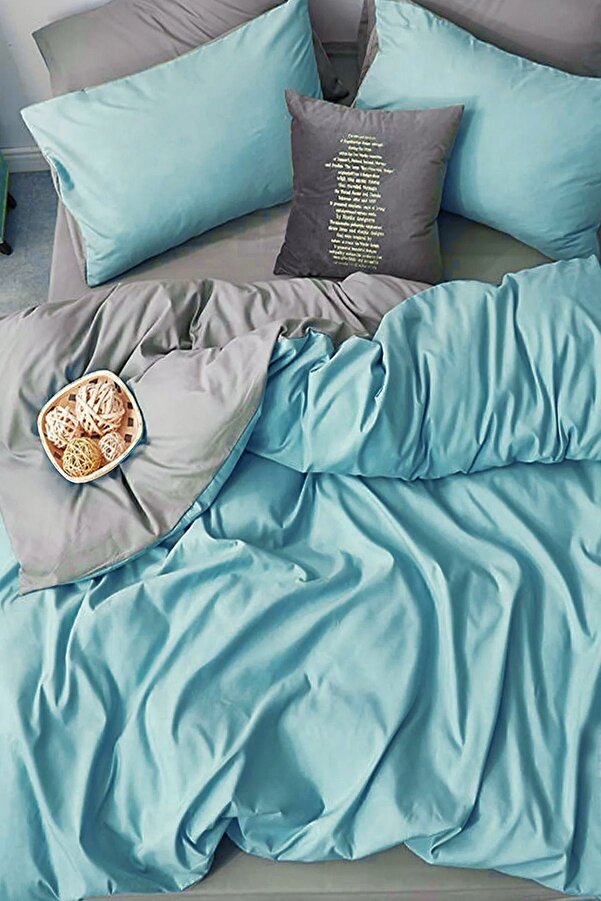 İQON Lastikli Çarşaflı Nevresim Takımı Tek Kişilik Gri - Turkuaz