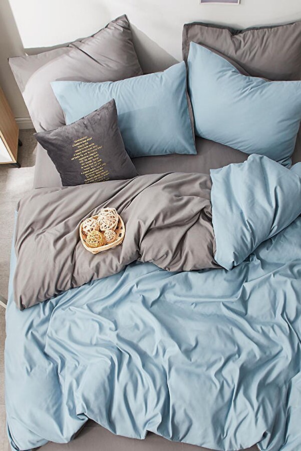 İQON Lastikli Çarşaflı Nevresim Takımı Çift Kişilik Mavi - Gri