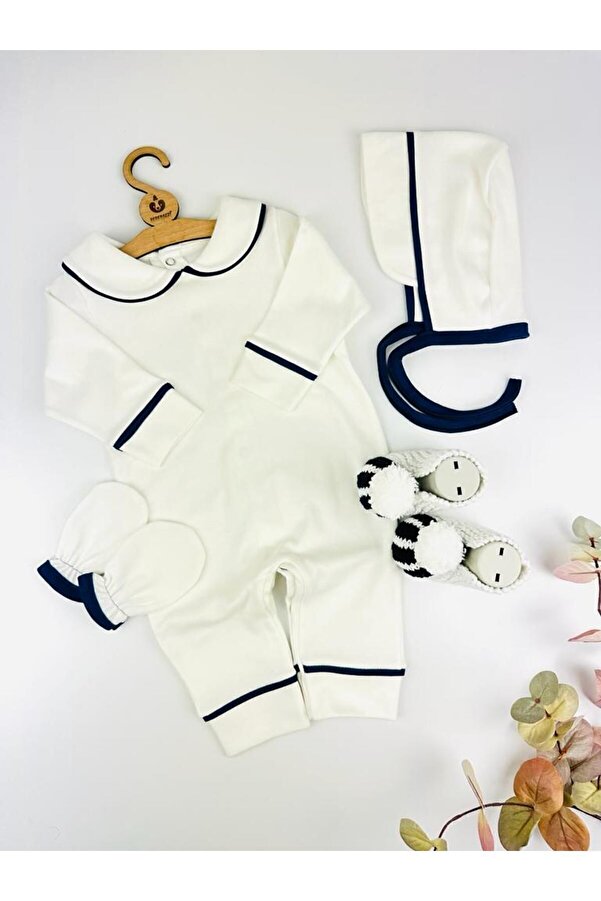BEBERAZZİ Beyaz Lacivert Patikli Lora Şapka Arkadan Çıtçıtlı Tulum Bebek Hastane Çıkışı Yenidoğan Set