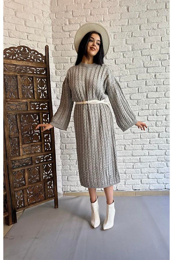 MODA DİNA-Rochie lungă din tricot cu model tricotat gri 1