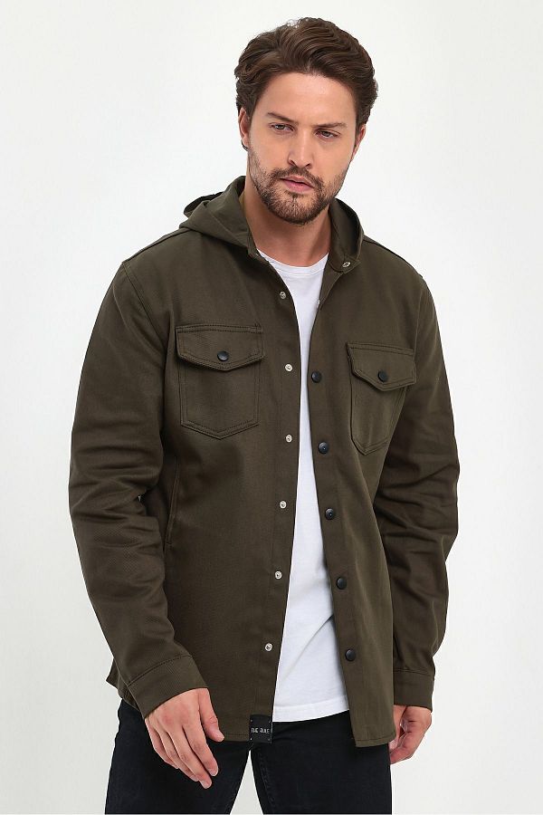 THE RULE-Men's Khaki Regular Fit Hooded Denim Jacket with Snap Button Detail 1