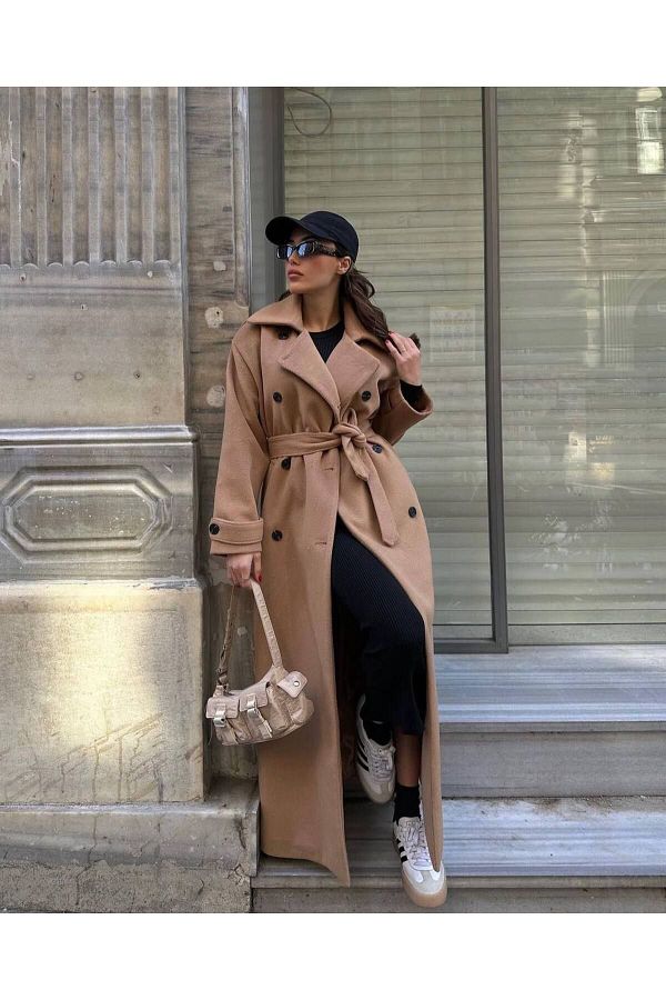 My Blog-Довге пальто Yun Camel з погонами та поясом на рукавах 54476 1