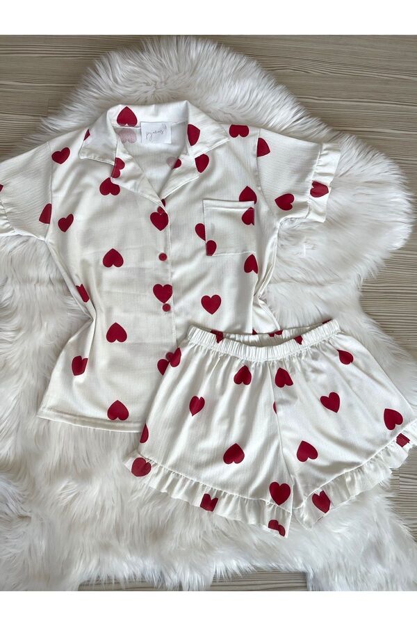 Pijamacs-Heart Patterned Pajama Set with Red Shorts - RuFFle Sleeve and Leg Detail 1