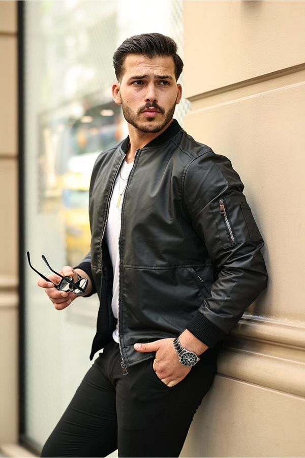 Jaglion New Season Black Leather Jacket with Zipper Detail Trendyol
