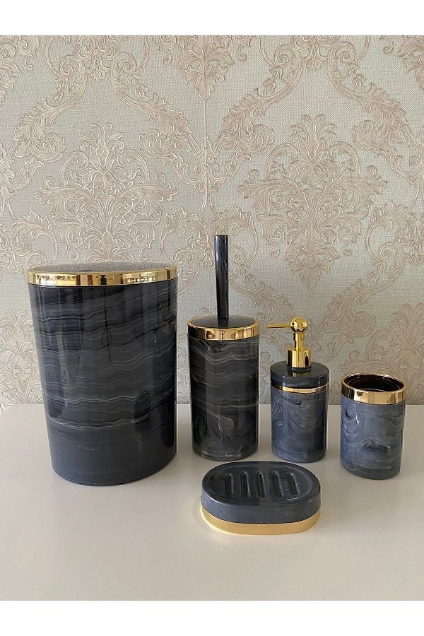 Trend Banyo Mutfak-طقم حمام مكون من 5 قطع بنمط رخامي / حامل فرشاة المرحاض، موزع الصابون الصلب السائل، سلة المهملات، حامل فرشاة الأسنان 1