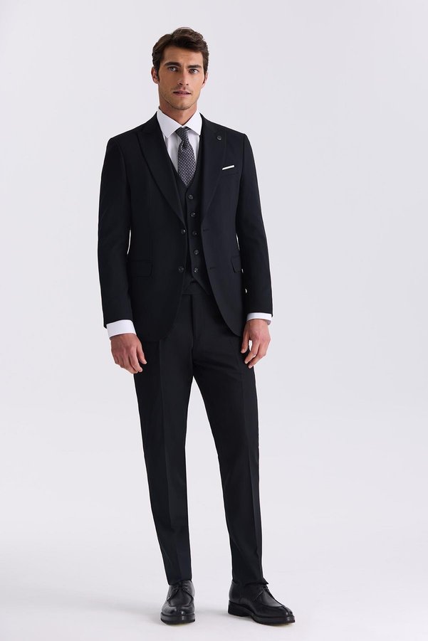 Jakamen Black Slim Fit Pointed Collar Vest Bamboo Suit