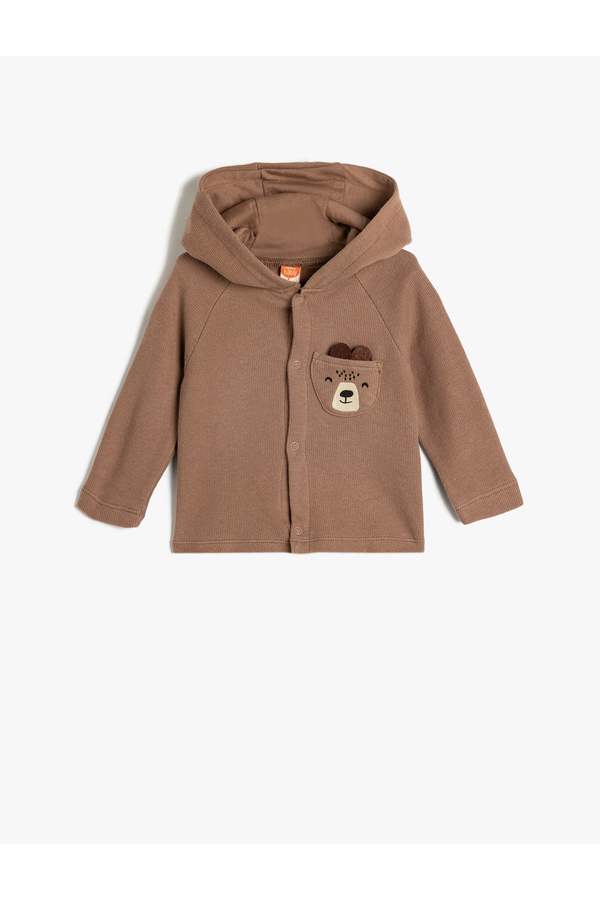 Koton Kapşonlu Hırka Düğme Kapamalı Ayıcık Aplikeli Pamuklu