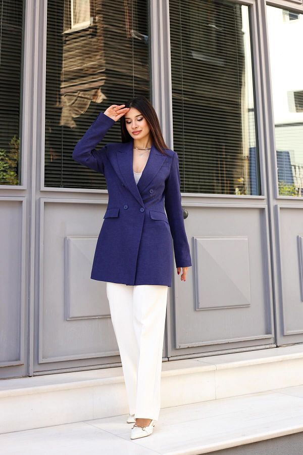 LOVELF Navy Blue Double Breasted Linen Jacket Trendyol
