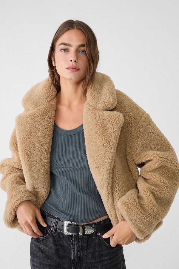 Stradivarius Double breasted faux shearling lined jacket Trendyol