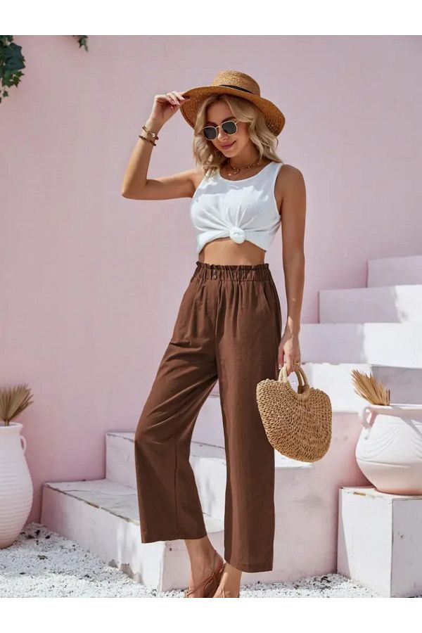M RACOTTON Women s Waist Drawstring and Button Detail Short Wide Leg Linen Trousers Trendyol