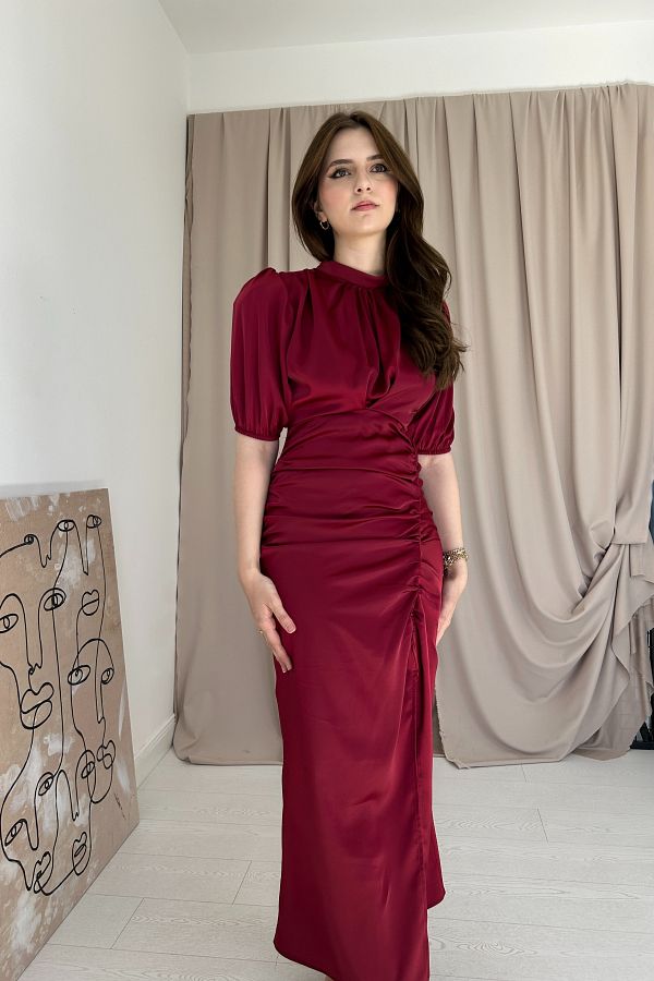 HEL S BUT K Burgundy Satin Dress Gathered Front Design Trendyol