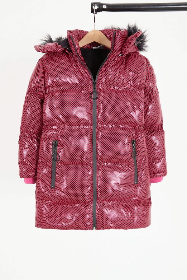 Cansın Mini-Girl's Hexagon Patterned Claret Red Puffer Coat 16272 1