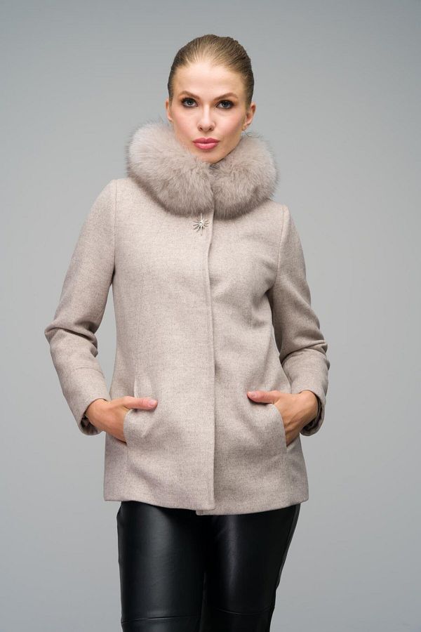 Olcay-Beige Short Cashmere Coat with Detachable Fur and Brooch Detail 3053-Tk 1