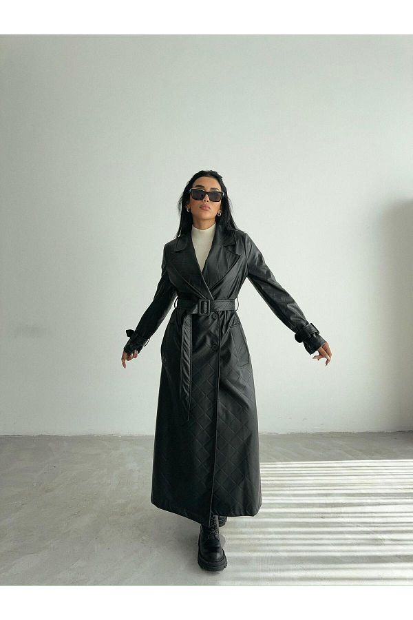 Ello Black Quilted Leather Trench Coat Trendyol
