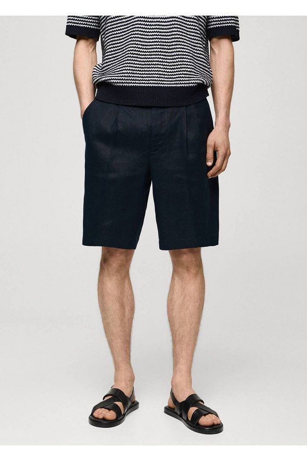 MANGO Man-100% Linen Bermuda Shorts with Pens 1
