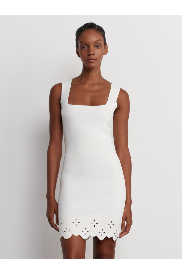 Dilvin-90223 Ecru Knitwear Dress - Square Collar and Floral Embroidery 1