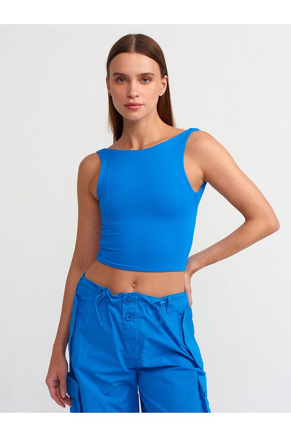 Dilvin-30673 Saks Color Crop Top - Open Back Design 1
