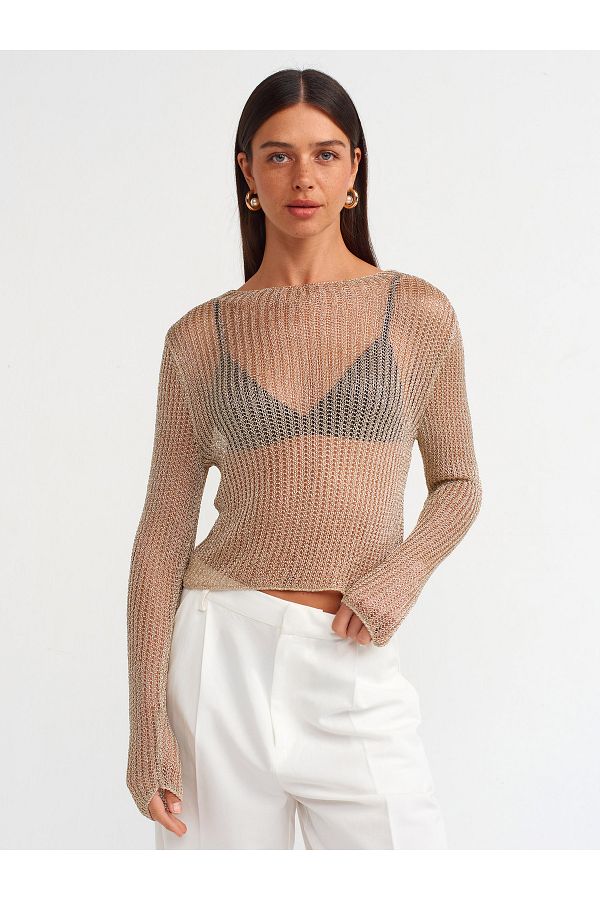 Dilvin 10606 Model Transparent Shiny Knitwear Sweater Light Gold Trendyol