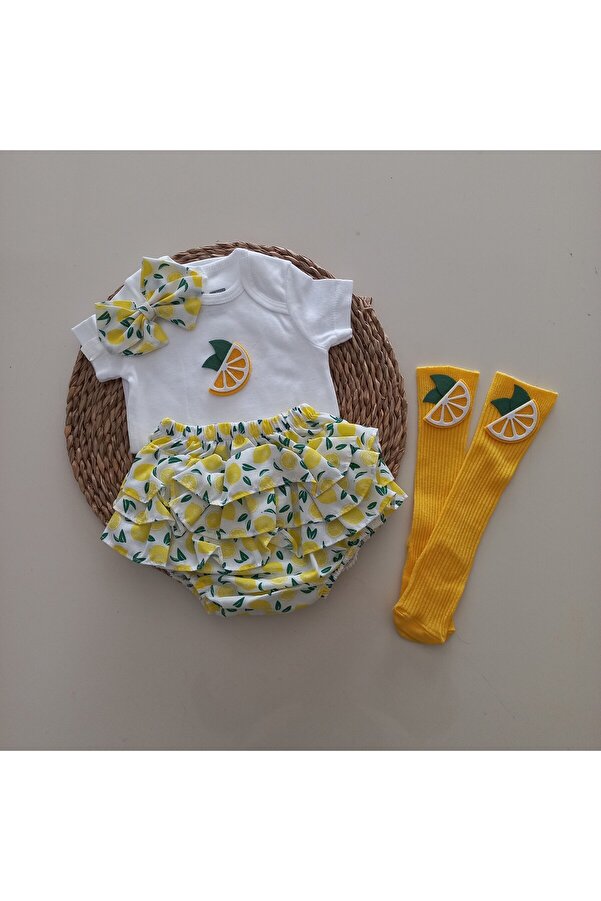 MARS BABY Kız Bebek Sarı Limonlu Fırfır Şort Etek Bodyli Çorap Takımı