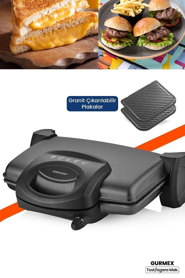 GOLDMASTER-Gurmex Anthracite 1750 Watt Granite Removable Plate 5 Level Heat Adjustable Toaster and Grill Machine 1
