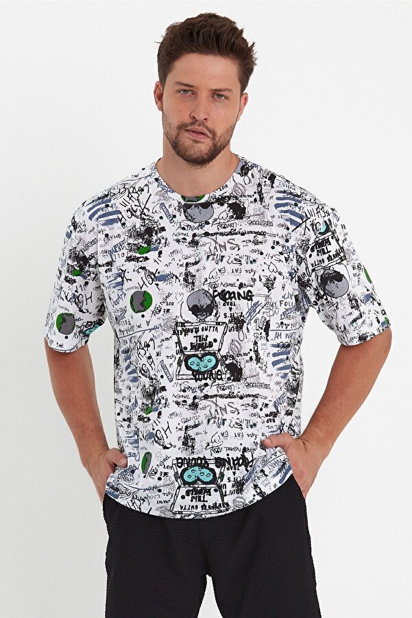 Erkek Beyaz Oversize Fit Bisiklet Yaka Baskılı Pamuklu T-Shirt