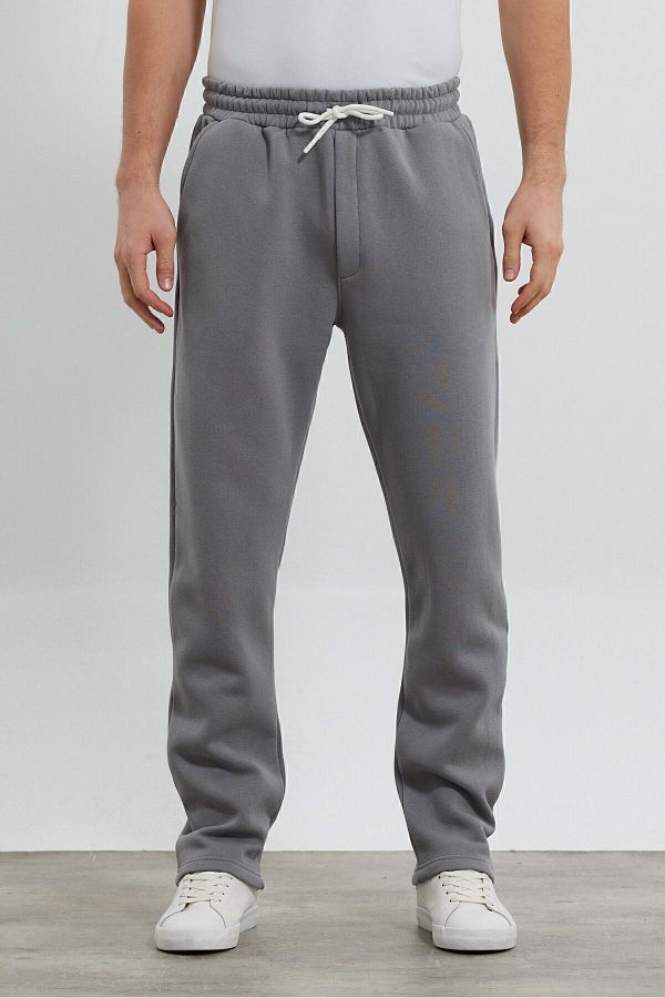 THE RULE Men s Ice Gray Baggy Straight Leg Loose Fit Winter 3 Thread Raised Sweatpants with Fleece Inside Trendyol