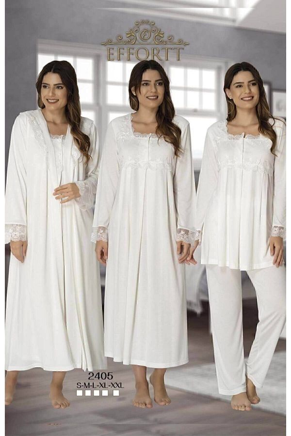 Effort Pijama-Maternity Bazaar Effortt 2405 Ecru Maternity Maternity Nightgown Dressing Gown Pajama Set 1