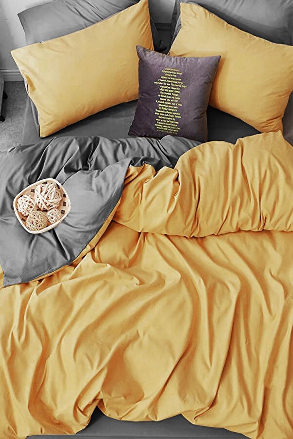 İQON Lastikli Çarşaflı Nevresim Takımı Çift Kişilik Hardal - Gri