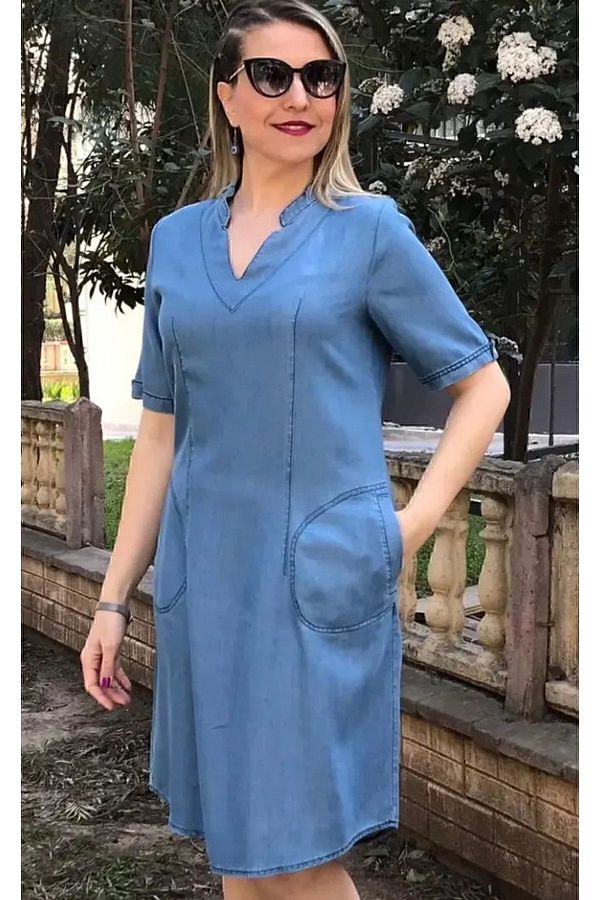 AKŞEN GİYİM-Blugi subțiri de mărime mare, țesătură denim, cu decolteu în V, mâneci scurte, rochie cu două buzunare 1