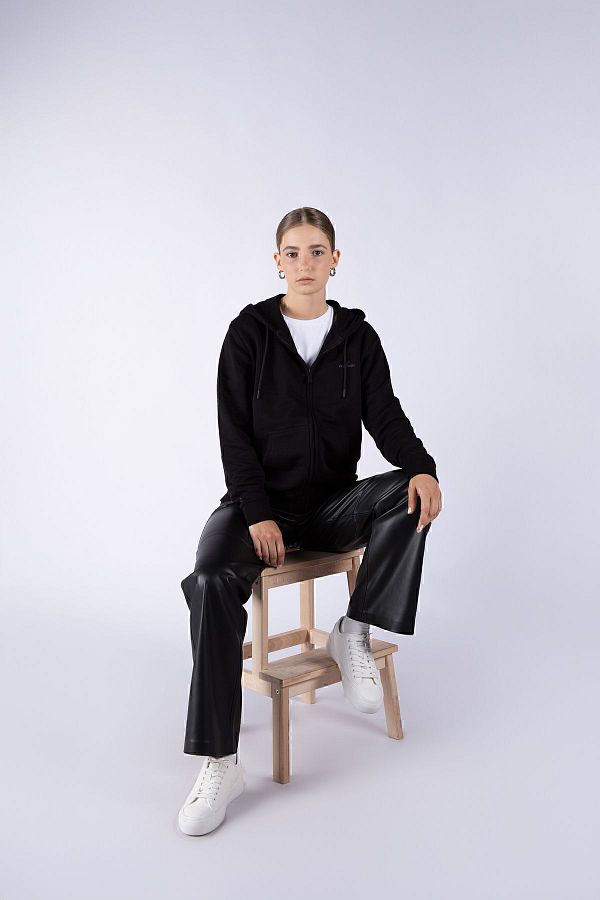 Nordbron-Women's Black Hooded Zipper Detailed Sweatshirt Soft Textured Seasonal Long Sleeve with Pocket Erfurt 1