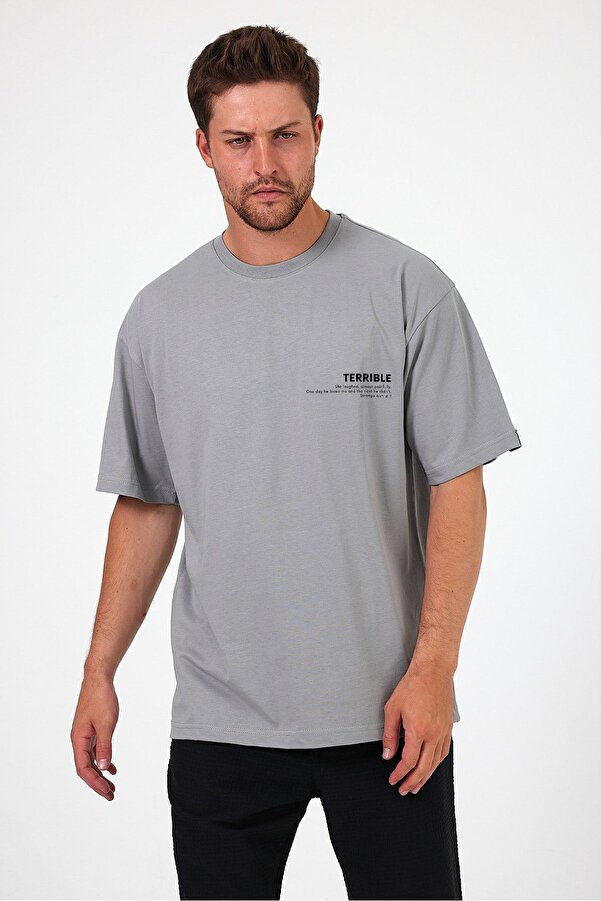 Erkek Ice Gri Oversize Fit Bol Kesim Bisiklet Yaka %100 Pamuk Terrible Baskılı T-shirt