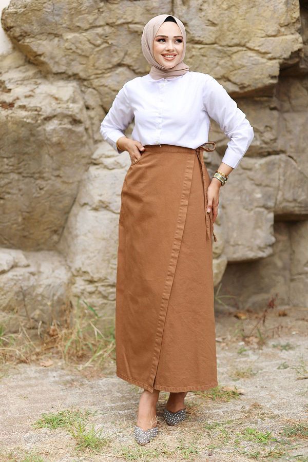 Tesettur Dunyas Tan Colored Side Tie Denim Skirt Tsd 240615 Trendyol