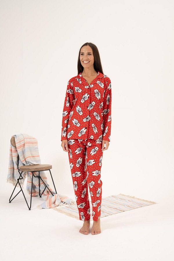 Estiva Red Suede Pajama Set Women S Teddy Bear and Buttoned Front Trendyol