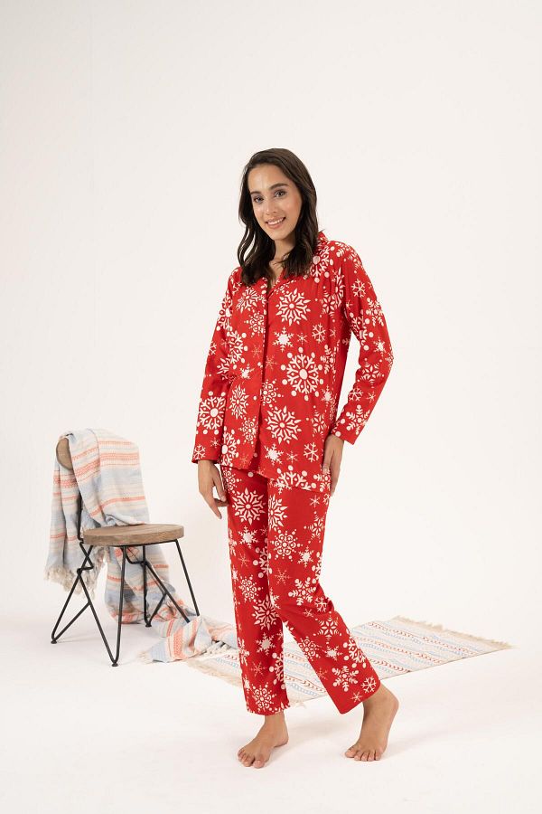 Estiva Red Suede Pajama Set Women S Buttoned Front Heart Patterned Winter Trendyol