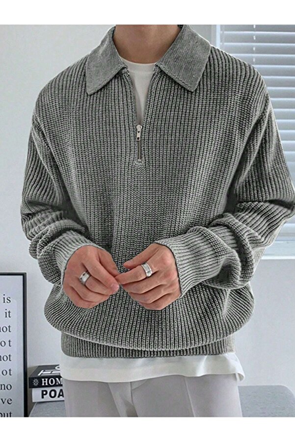 Know Men's Polo Collar Smoked Knitwear Sweater - Half Zip
