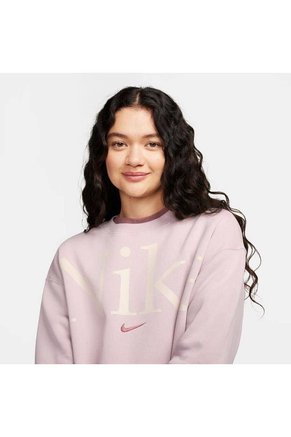 Nike-Phoenix Logo Pink Oversize Women's Sweatshirt - Fleece Crew-Neck Sportswear 1