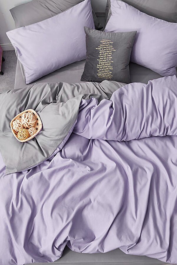 İQON Lastikli Çarşaflı Nevresim Takımı Çift Kişilik Lila - Gri