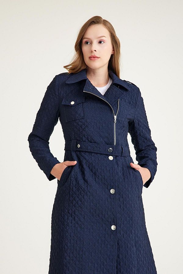 Olcay Zipper Detailed Quilted Patterned Lined Lightweight Trench Coat NAVY 6578 Trendyol