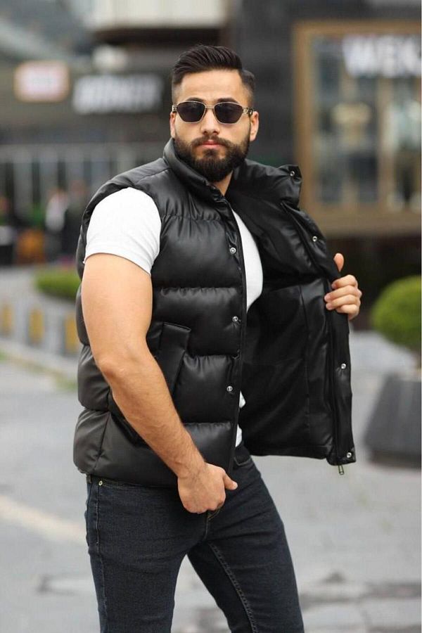 MODA FAVALL Men s Black Leather Puffer Vest Trendyol