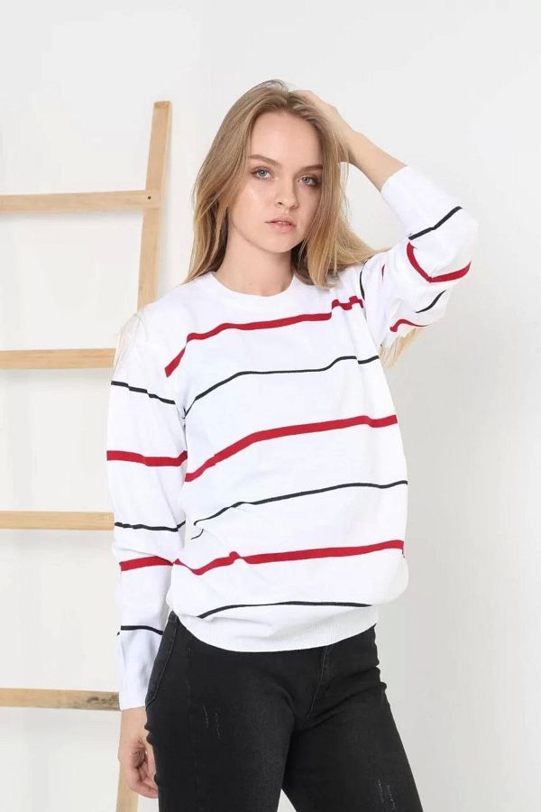 RAPHA Unisex Thin Striped Crew Neck Knitwear Sweater White Trendyol