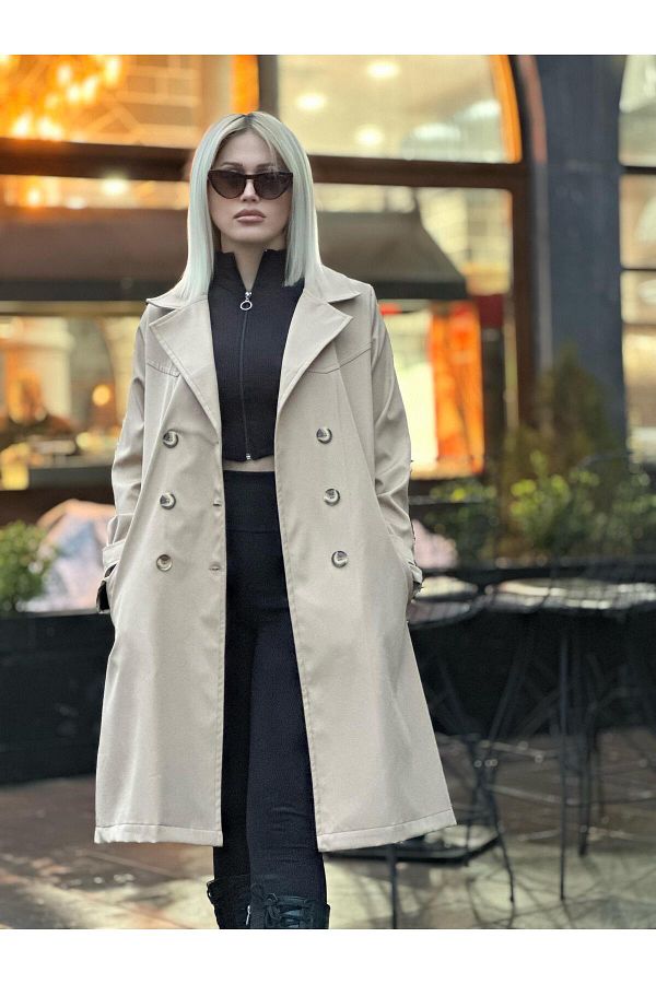 QUBERZ Sleeve Belted Belted Trench Coat Mink Trendyol