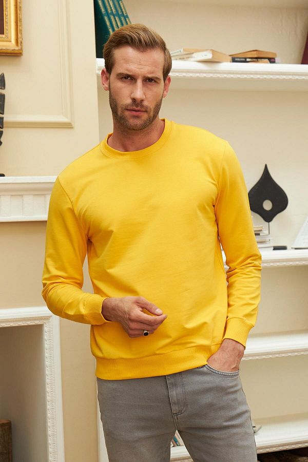 odelon Men s Yellow Sweatshirt Basic Crew Neck Comfortable Fit Trendyol