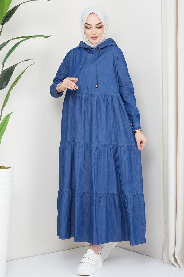 hafsamina Hooded Detailed Denim Dress Dark Blue Trendyol