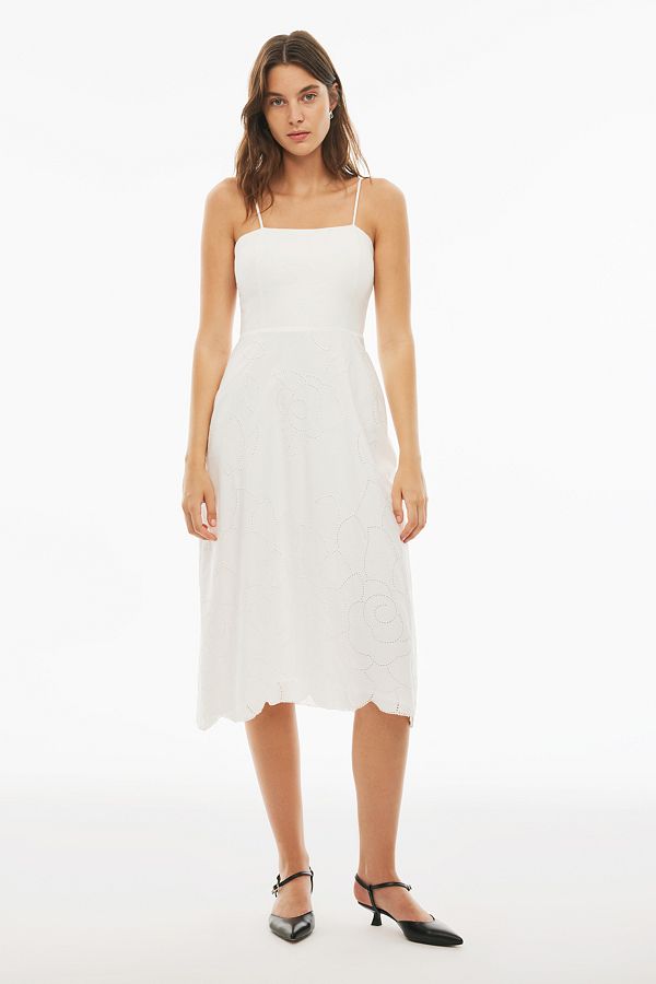 Perspective-Branny Regular Fit Midi Length Strap Square Collar Ecru Color Dress 1